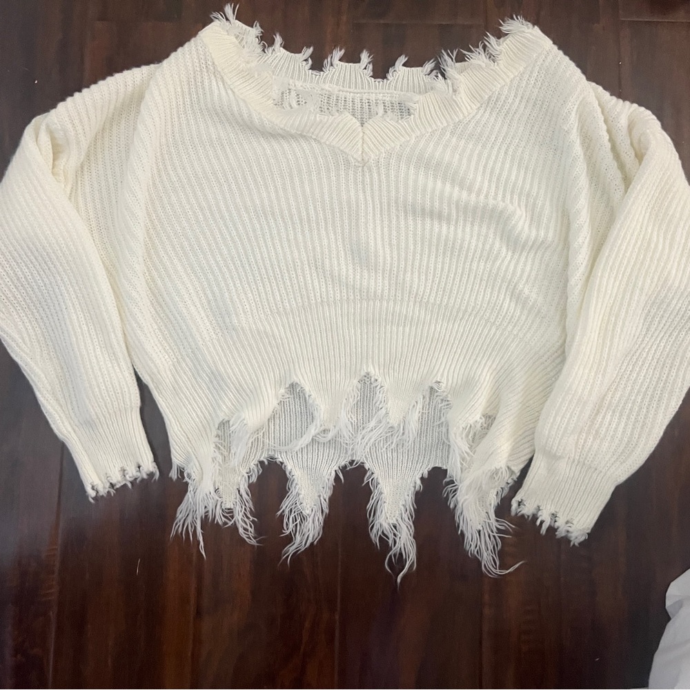 Cropped and Distressed V-Neck Cream Knit Sweater